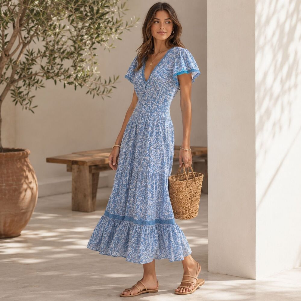 ALTAR D STATE Women's MEDIUM Maxi Dress Floral Lace Tiered Blue D52265